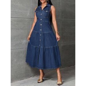 SHEIN Denim Ruffle Hem Dress | US 12 | Button Front | Casual Chic Style